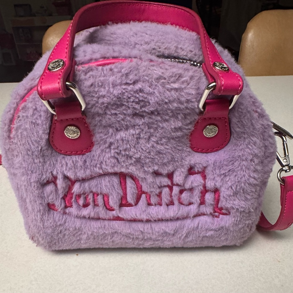 Von Dutch Bubblegum Furry Bowling Bag Purple Pink Y2K Faux Fur Crossbody